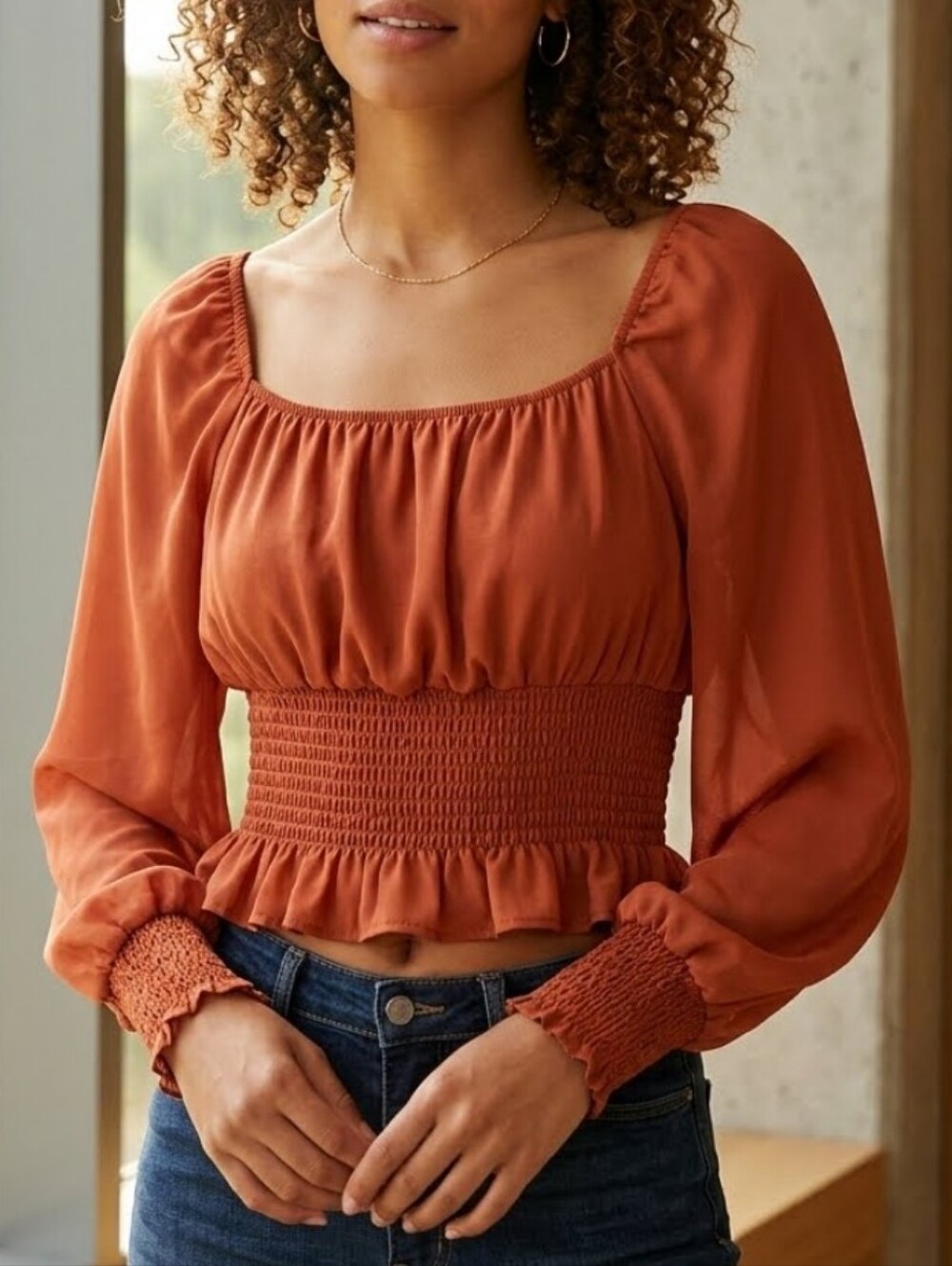 Haute Monde Rust Smocked Waist Cropped Peasant Blouse
